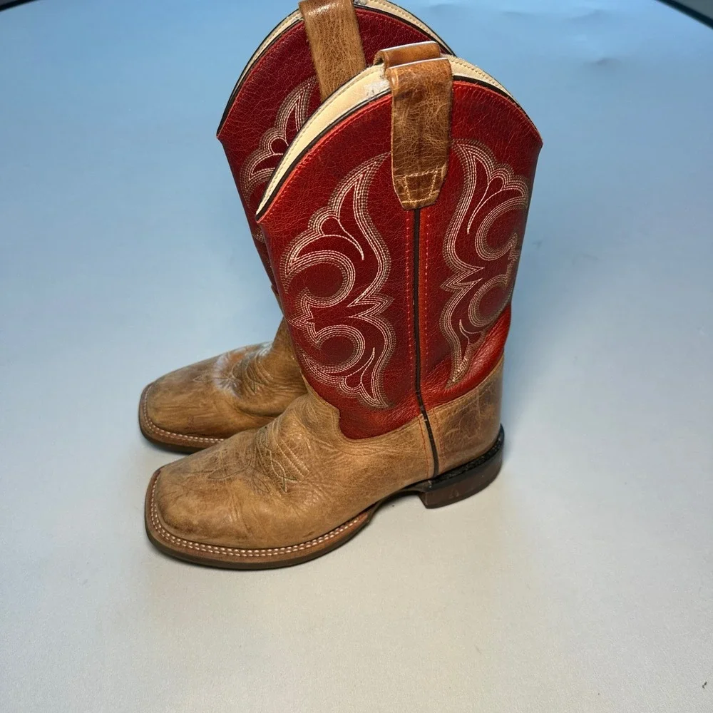 Cody James Cowboy Boots Kids 4D Red Brown Leather Square Toe Western Embroidered